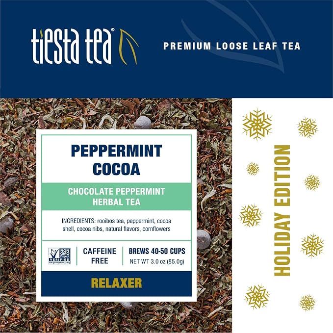 Tiesta Tea - Cozy Peppermint Cocoa, Loose Leaf, Chocolate Peppermint Herbal Tea, Premium Blend, Non Caffeinated, Make Hot or Iced Tea & Up to 50 Cups - 3 Ounce Refillable Tin