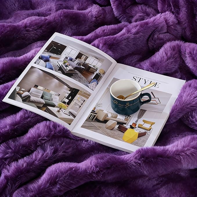 Purple Faux Fur Throw Blanket for Couch, Double-Sided Bubble Textured Plush Blanket with Soft Flannel Back, Decorative Throw for Sofa or Bed, Machine Washable, 50x60 Inches, 860 GSM