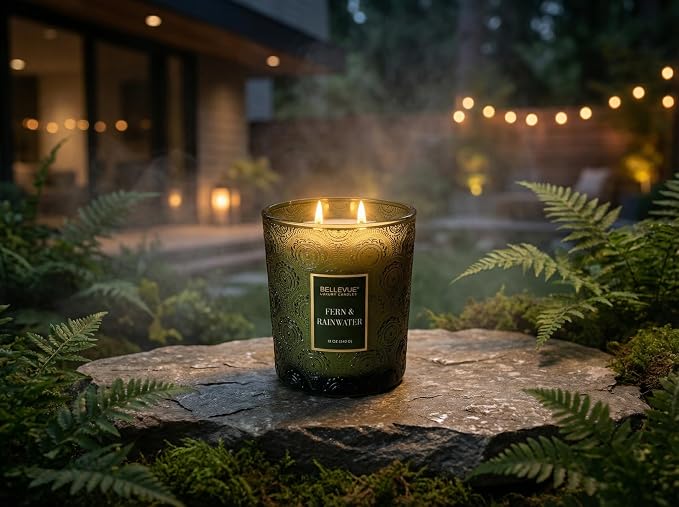 Bellevue Luxury Candles, 12 OZ Soy Blend Candle, Embossed Glass, Fragrances formulated with Essential Oils, Home Fragrances, Scented Candles Gift Set ǀ Scent: Fern & RAINWATER