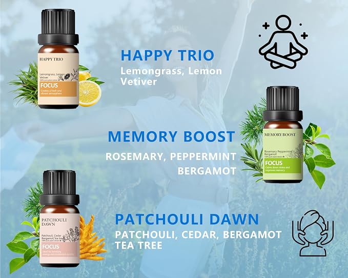 Focus Essential Oil Set – 6x10ml Essential Oils for Diffusers Aromatherapy, Aromatherapy Oil Blends – Huile Essentielle Pour Diffuseur, Fragrance Oils for Candle Making