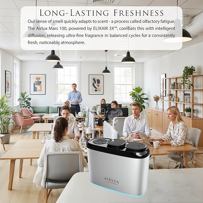 Mars 100 Smart Scent Diffuser, Elixair 3X Cold Air Essential Oil Diffuser up to 800 sq ft Coverage Home, Office, Bathroom, Living Room Decor, Dual 50ml Tanks, Battery Powered (Silver)