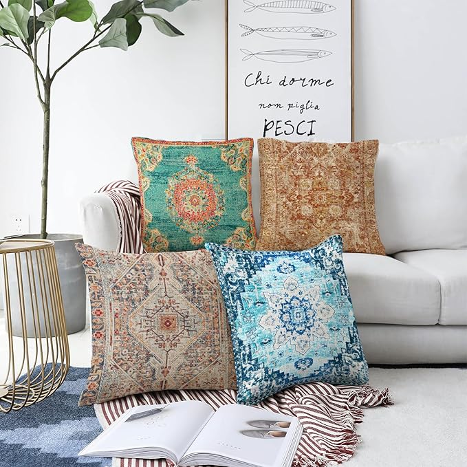 Boho Throw Pillow Covers 24x24 inch Set of 2,Boho Vintage Carpet Pattern Antique Ethnic Decor Double Sided Pattern Cushion Cover Soft Pillow Case Living Sofa Room Bed Square Pillow Cover