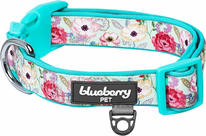 Blueberry Pet Soft & Comfy Peony Flower Print Neoprene Padded Adjustable Dog Collar, Minty Green, Medium, Neck 14.5"-20"