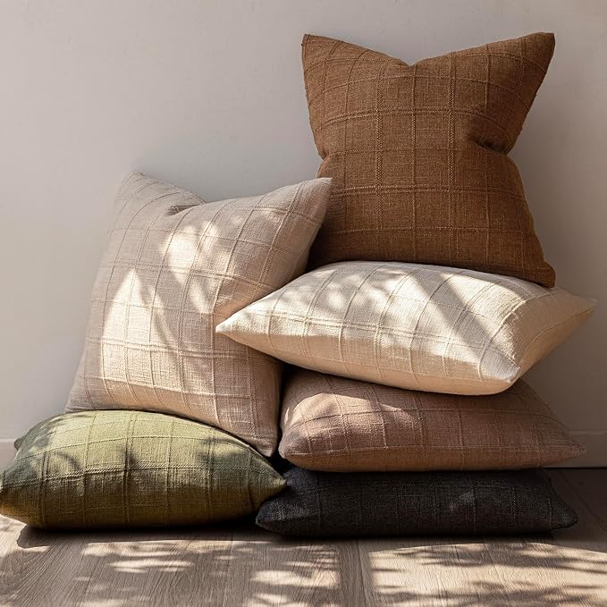 Foindtower Set of 2 Decorative Linen Check Throw Pillow Covers Neutral Farmhouse Lumbar Cushion Covers Modern Boho Home Decor for Sofa Chair Couch Bedroom Living Room,12×24 Inch,Brown Hazel