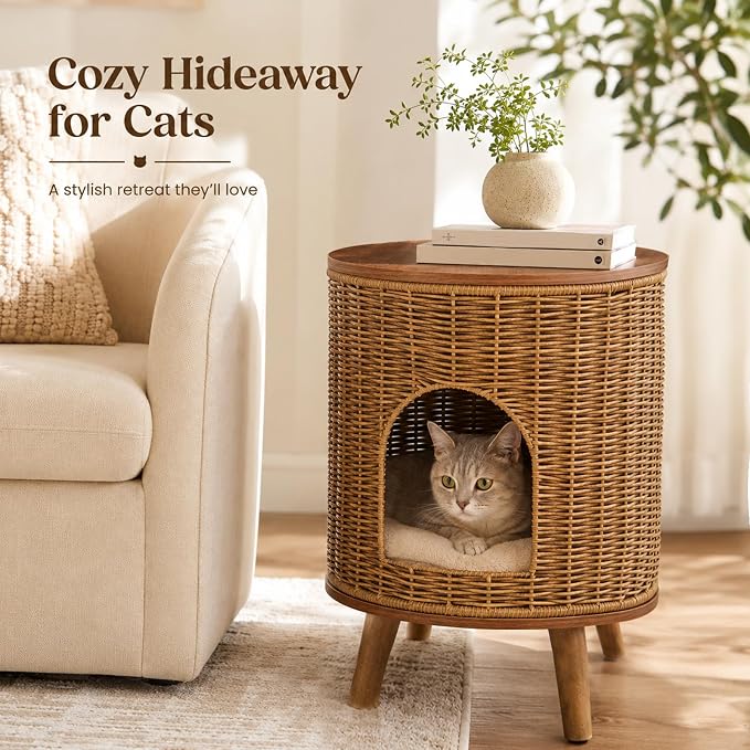 Rattan Cat House End Table, 2-in-1 Cat Bed Side Table, Stylish Pet Furniture for Indoor Cats in Living Room and Bedroom (Brown, 15.7”L x 15.7”W x 22”H)