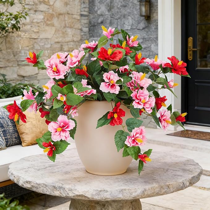 INXUGAO Artificial Flowers for Outdoors Indoors,2 Bunches Fake Hibiscus with Realistic UV Resistant Silk Flower Fabric Leaves,Faux Plants Outside for Home Patio Garden Yard Front Poch Decor(Red,Pink)