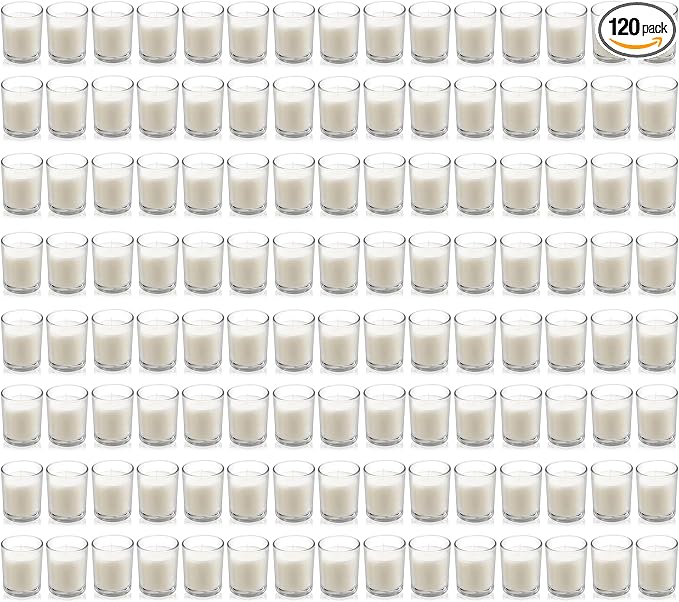 Housecret 120 Pack Warm White Unscented Clear Glass Filled Votive Candles. Hand Poured Wax Candle Ideal Gifts for Aromatherapy Spa Weddings Birthdays Holidays Party