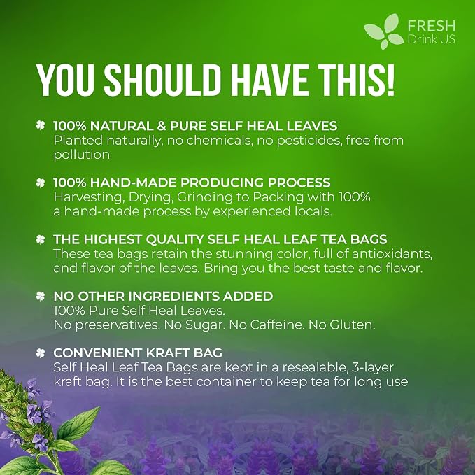FreshDrinkUS, Premium Self Heal Leaves Tea | 40 Tea Bags | Premium Dried Self Heal Herb for Herbal Tea – Naturally Caffeine-Free, Clean & Convenient Tea Bags. Sugar-Free. Vegan