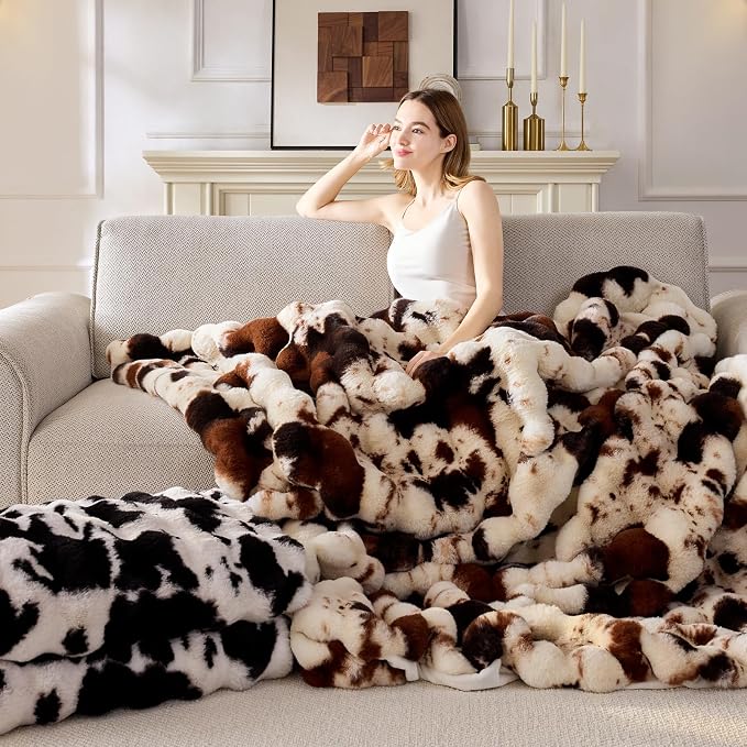 Anysay Faux Fur Throw Blanket, 1000GSM Fluffy Soft Bubble Blanket 80''*90'' | Cozy Plush Warm and Thick Blanket for Couch Bed, Fuzzy Rabbit Throw for Living Room Bedroom Cow Brown
