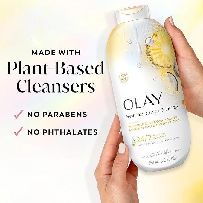 Olay Body Wash for Women, Fresh Radiance, 24/7 Skin-Loving Freshness, Visibly Radiant, Plant Based Cleansers, Vitamin B3 & Antioxidant Blend, All Skin Types, Pineapple & Coconut Water Scent, 22 fl oz