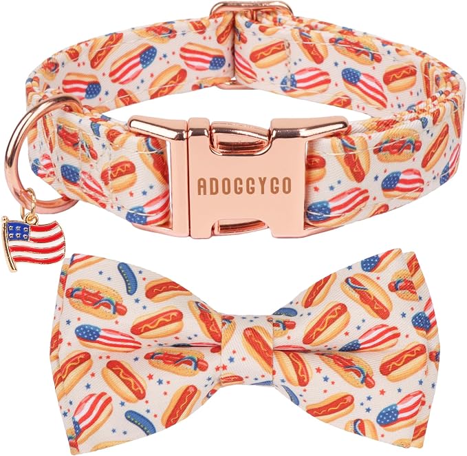 ADOGGYGO 4th of July Dog Collar with Bow Tie, Detachable Patriotic Hot Dog Print Bowtie, Adjustable American Flag Collar for Large Dogs (L)