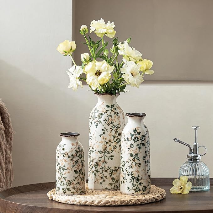 Ceramic Flower Vase Set for Home Decor, Vintage Green Vase (6+8+10 Inch) | Rustic Farmhouse Floral Vase for Entryway, Living Room, Kitchen, Coffee Table, Mantel, Bookshelf, Wedding Centerpiece