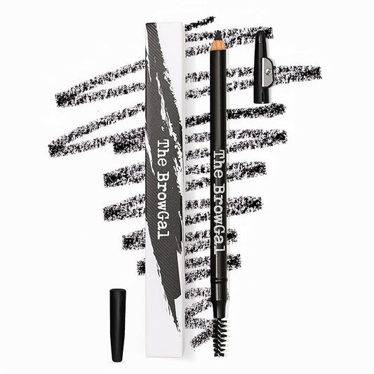 The BrowGal Eyebrow Pencil with Spoolie & Built in Sharpener - Shade 01 Black - Waterproof & Buildable Brow Pencil with Hair Like Strokes - Natural Looking, Soft Finish