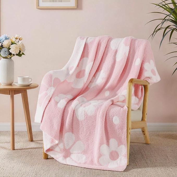 Soft Throw Blanket for Couch-Cozy Reversible Knitted Blankets | Lightweight Warm Fluffy Decor for Women, Mom, Her & Girls, Sofa, Chair, Bed, 50x60in, Daisy Floral Pink
