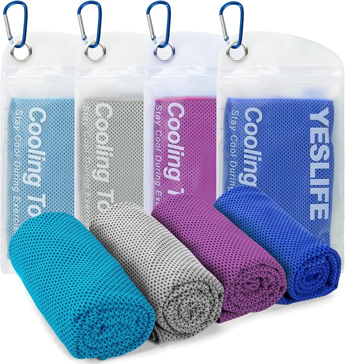 YESLIFE 4 Pack Cooling Towels (40"x12"), Gym Sweat Towels, Cooling Neck Wraps, Soft Breathable Microfiber Towels for Yoga, Running, Sport, Workout, Camping & More (Multicolor)