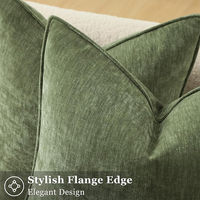 decorUhome Chenille Olive Green Velvet Throw Pillow Covers 26x26 Set of 2 | Fall Soft Euro Sham Couch Decorative Modern Farmhouse Pillow Cases with Elegant Design for Sofa Bed Living Room Home Decor