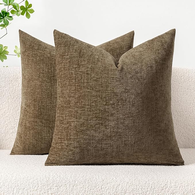 MIULEE Soft Chenille Fall Throw Pillow Covers Coffee 16x16 Inch Pack of 2 | Modern Fall Home Decor, Classic Decorative Pillows, Solid Dyed Cases, Boho Couch Cushion Covers for Sofa Bed Living Room