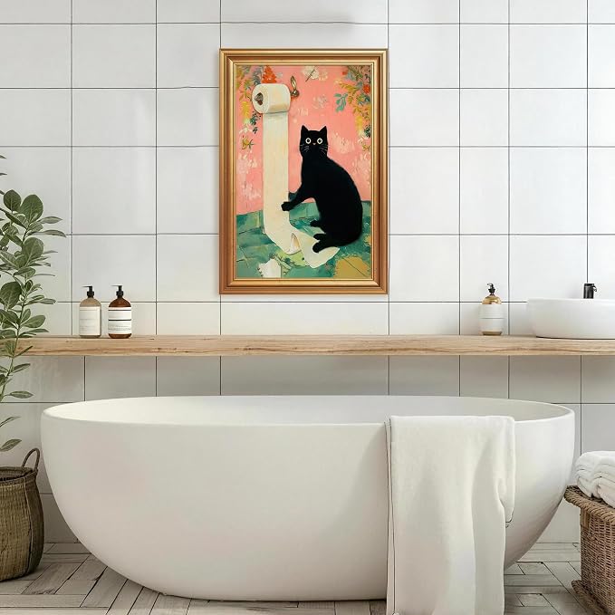 ICHZUMW Gold Framed Funny Black Cat Toilet Paper Canvas Wall Art, 16x24 In | Quirky Cat Print Humorous Pink Bathroom Wall Decor, Restroom Powder Room Guest Toilet, Fade Resistant, Ready to Hang