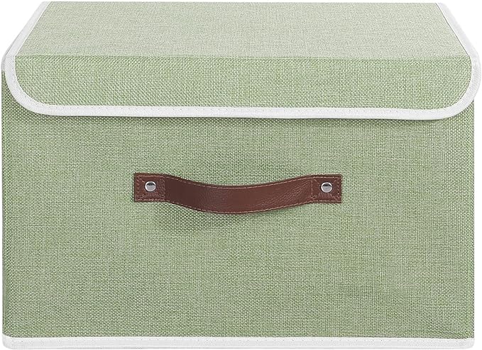 ANMINY Fabric Storage Box Bins with Lids, Green, 15"x10"x10" | Keepsake Memory Storage, Cotton Linen, PP Board Reinforced, Washable, PU Handles, Foldable & Stackable, Decorative, Large