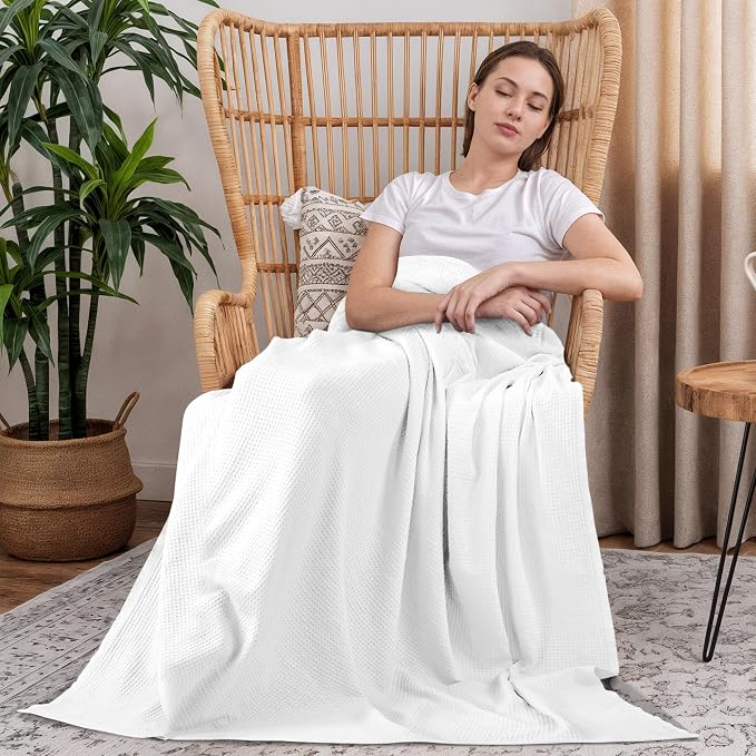 Utopia Bedding Cotton Blend White Waffle Blanket Twin - 90x66 Inches | Lightweight, Skin Friendly, Breathable, All Season, Luxury, Bed, Couch, Sofa