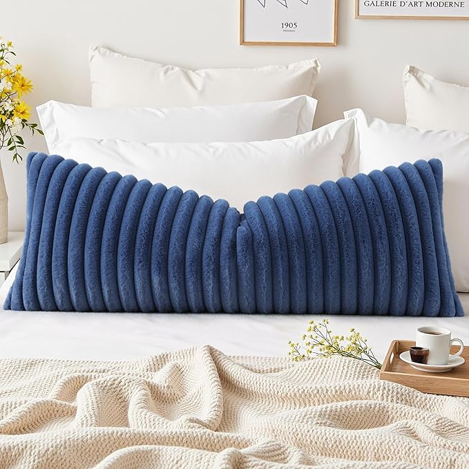 decorUhome Fall Faux Fur Throw Pillow Covers 14x36 Pack of 1 Navy Blue | Decorative Soft Cozy Striped Plush Modern Farmhouse Boho Couch Pillow Cases Velvet Back for Sofa Bed Living Room Home Decor