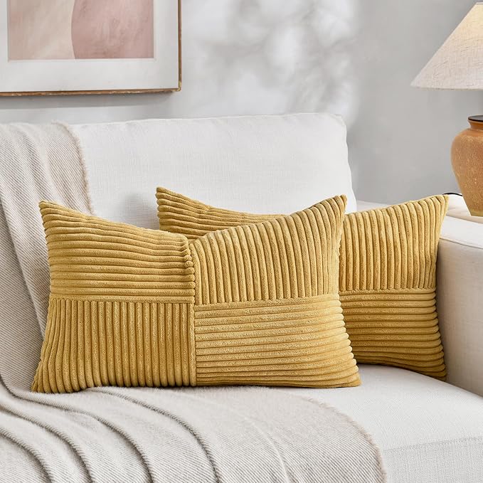 Fancy Homi Set of 1 Mustard Yellow Lumbar Decorative Throw Pillow Covers 14x24 Inch for Couch Bed, Rustic Farmhouse Boho Home Decor, Soft Striped Corduroy Rectangle Accent Cushion Case