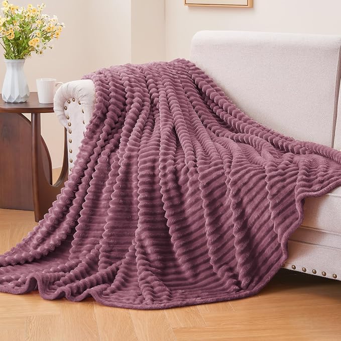 BEDELITE 3D Ribbed Jacquard Plum Fleece Twin Blanket for Bed, 60x80 Inch | Soft Warm Decorative Fluffy Blanket, Cozy Plush Lightweight Fuzzy Throw Blanket for Couch Sofa Room Decor, Gift for Women