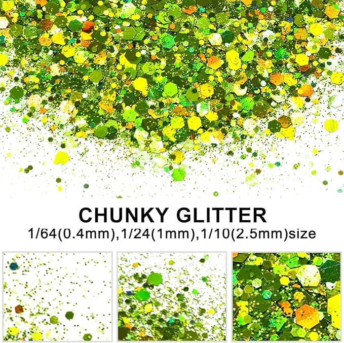 Light Green - Craft Glitter - 2oz Glitter Shaker Bright Colorful Mix Chunky Body Glitter Bulk - 24 Colors in Shaker, Cosmetic Grade Glitter - EBLB608
