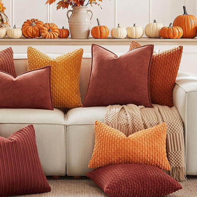 Kevin Textile Soft Corduroy 14"x22" Lumbar Pillow Cover 1 Pack, Rust | Fall Boho Stripe Plush Corduroy Decorative Oblong Cushion Cover Modern Farmhouse Home Decor for Sofa Couch Bed Chair