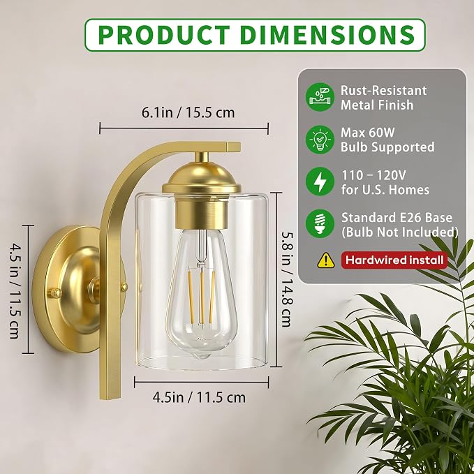 Wall Sconces Lights Lamp for Bedroom Bathroom, Modern Vanity Light Fixtures, Gold Farmhouse Wall Mount Lighting Lanterns with Clear Glass Shade for Living Room Mirror Hallway Kitchen