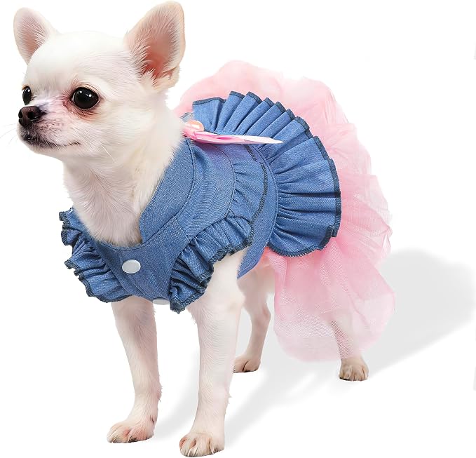 Dog Dress, Fashion Puppy Tutu Princess Dresses for Small Dogs Girl, Sweet Skirt with Dog Bowknot Clips, Spring Dog Cat Clothes Pet Apparel (Denim Princess Dress, XX-Small)