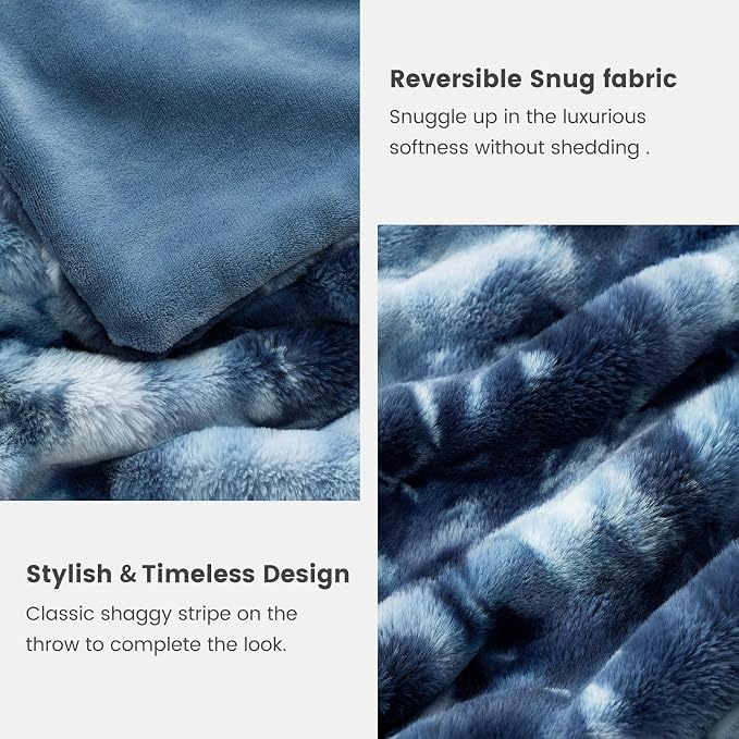 Cozy Bliss Deluxe Striped Rabbit Faux Fur Throw Blanket, Soft Fluffy Warm Plush Blanket for Winter, Modern Homr Decor, Tie-dye Blue 50"x60"