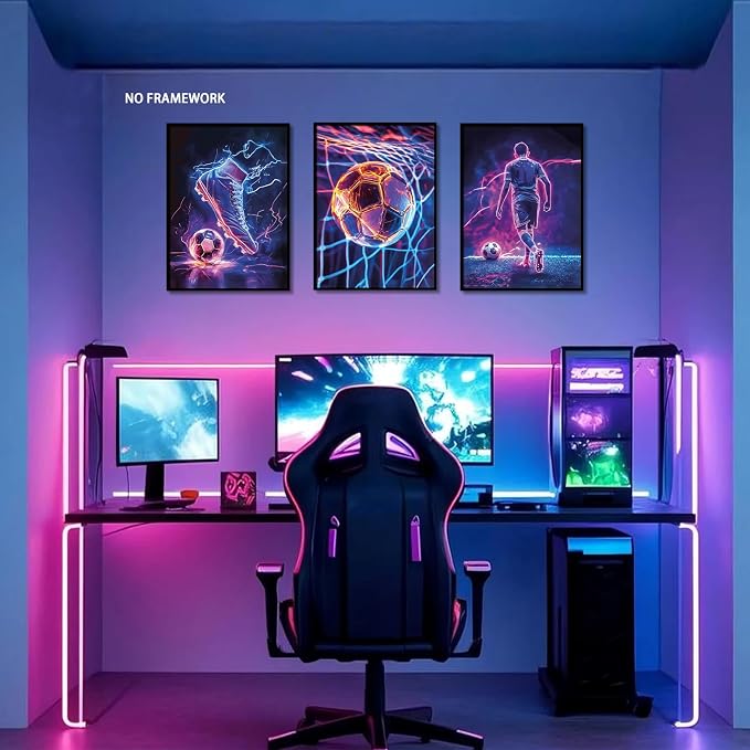 BGFCE Cool Soccer Gaming Wall Art Posters Set of 3, Neon Video Gamer Canvas Pictures, Colorful Soccer Game Painting Prints for Boys Room, Gaming Room Decor for Kids Gamer Room 16x24 inch Unframed