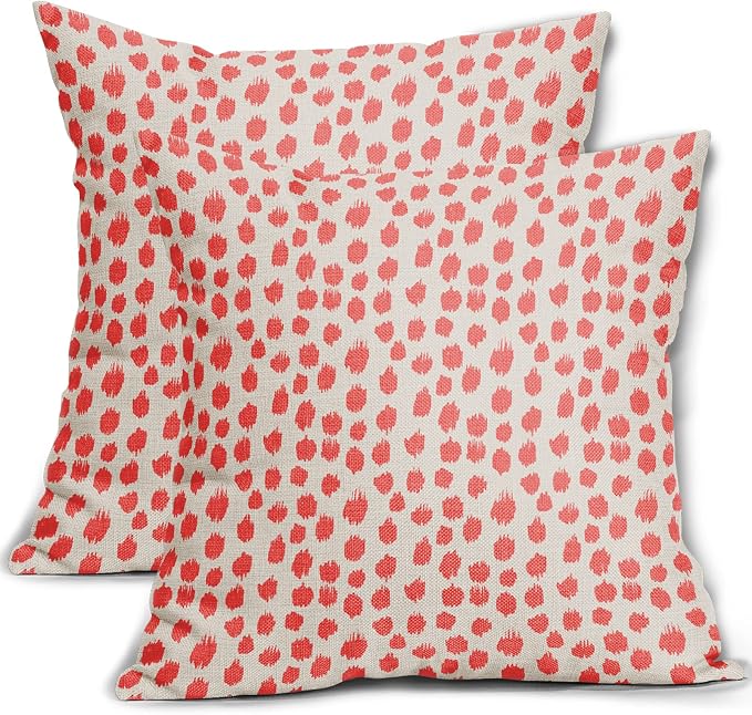 Coral Cream Pillow Covers 22x22 Set of 2 Boho Design Polka Dot Throw Pillows Modern Brush Strokes Print Decorative Outdoor Pillowcase Square Cushion Cover Linen Pillow Case for Home Sofa Couch Bed