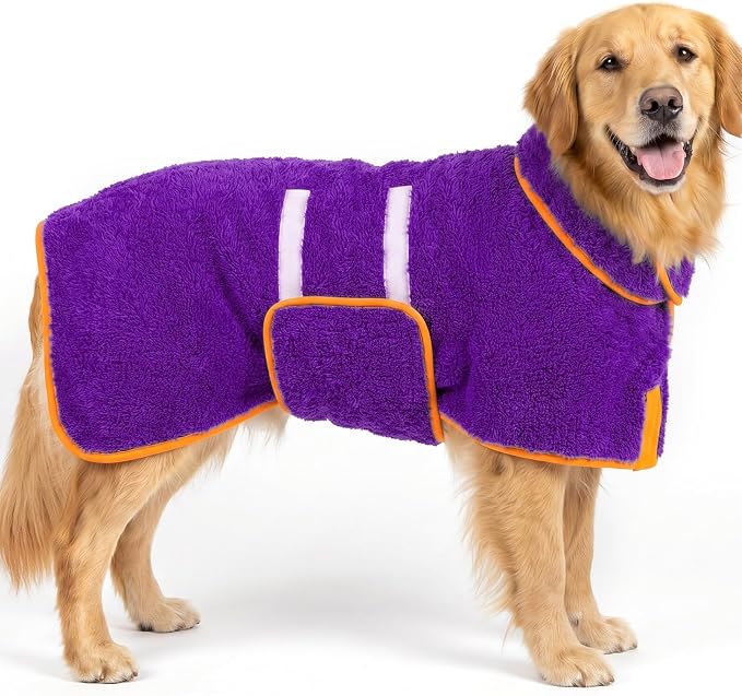 Bienbee Dog Bathrobe, Super Absorbent for Small to Large Dogs, Purple XL | Dog Robes with Soft Fleece, Warm & Cozy, Adjustable Fit, and Quick Drying Coat for Baths Swimming and Grooming