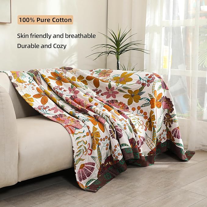 VANJOROY Queen Boho Throw Blanket for Bed, 100% Cotton Muslin Soft Throw-Floral Farmhouse Rustic Decor Blanket for Couch Sofa Quilt and Gift, 80" x 90"-BeigeWhite