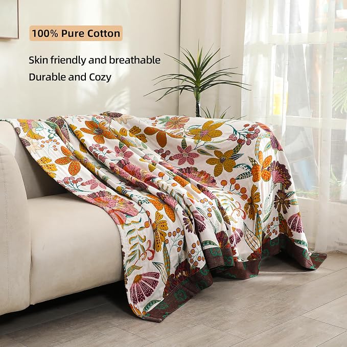 VANJOROY Boho Throw Blanket for Bed, 100% Cotton Muslin Soft Twin Throw-Floral Farmhouse Rustic Decor Blanket for Couch Sofa Quilt and Gift, 60" x 80"-BeigeWhite
