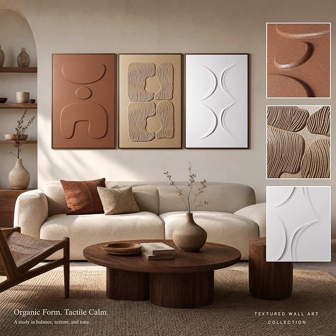 Thalasse Abstract Wall Art Large Framed 3D Ochre Terracotta 24x36 In | Wabi Sabi sandstone artwork, solid Catalpa wood frame, minimalist triptych hallway entryway, set of 3
