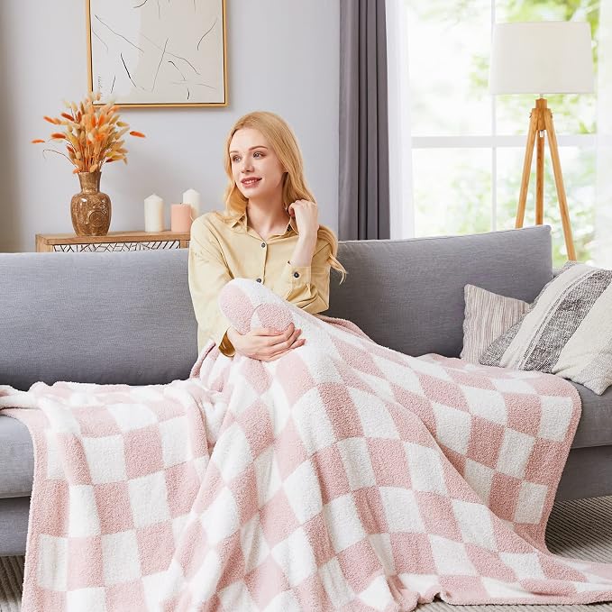 Soft Twin Size Checkered Blanket for Bed-Cozy Knitted Blankets | Lightweight Fluffy Warm Decor for Women, Mom, Her & Girls, Sofa, Chair, Couch, 60x80in,Pink