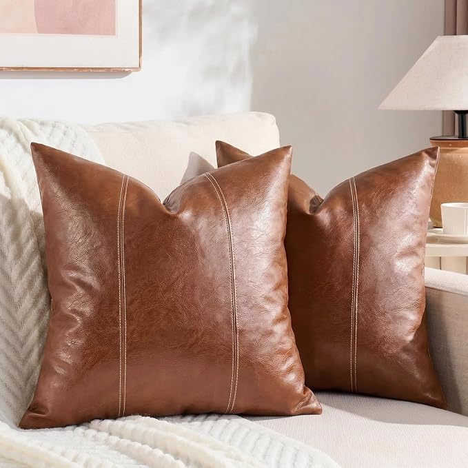 Fancy Homi Brown Boho Long Square Faux Leather Decorative Throw Pillow Covers 22x22 Inch for Living Room Couch Bed Sofa, Hand Stitched Cushion Case, Rustic Modern Farmhouse Home Decor