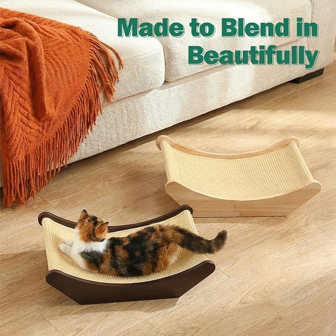 Zakkart Cat Sisal Scratching Bed Hammock, 2-in-1 Cat Scratcher & Lounging Bed, 100% Natural Sisal Mat, Solid Wood Frame, Cat Furniture Protector (Medium, Dark Stained)