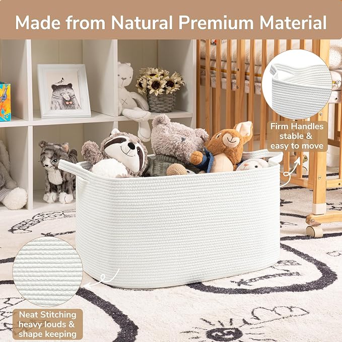 Goodpick Large Woven Rope Blanket Basket, Rectangle, White, 75L | 21.6'' x 14.9'' x 11.8'' Storage Basket for Blankets & Toys, Living Room, Bedroom & Nursery Organization, Reinforced Handles