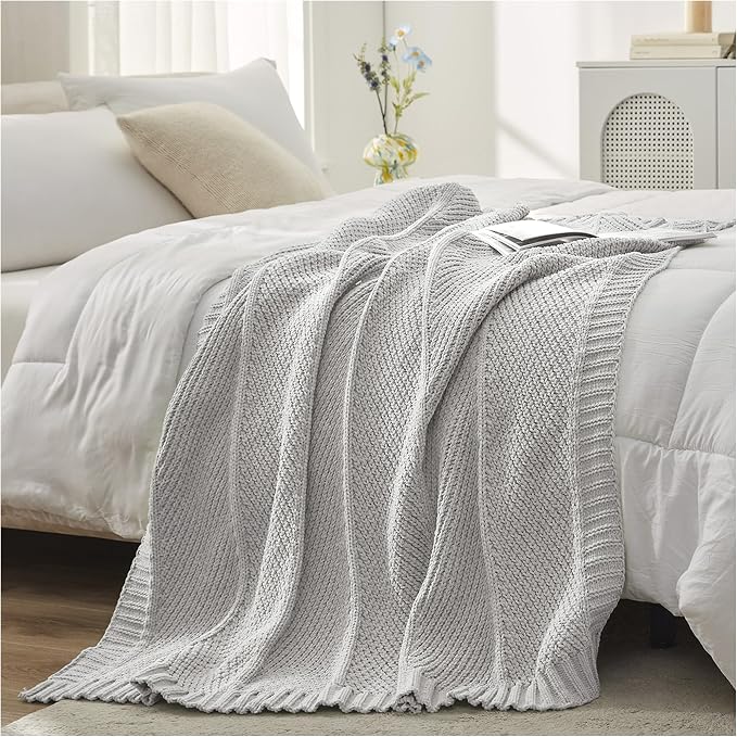 Knit Throw Blanket, Soft Chenille Cozy Breathable Chevron Chunky Decorative Blanket for Couch, Bed & Sofa, French-Inspired Lightweight Warm Gift for Women, Light Gray, 50"x60"