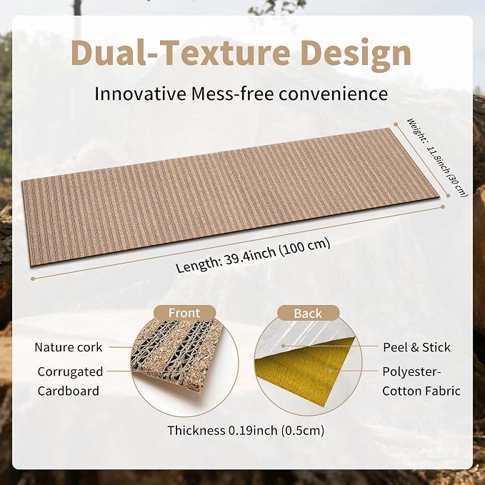 Natural Cork Cat Scratcher Mat, Self-Stick & Trimmable Furniture Protector for Couch, Door, Wall & Bed Corner, Claw-Friendly for Indoor Cats (Oak Wood, 39.4 x 11.8 Inch)