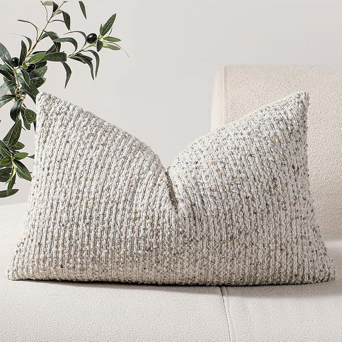 12x20 Cream Grey Lumbar Pillow Cover Textured Boucle Striped Chic Morden Boho Accent Farmhouse Rectangular Decorative Couch Pillow Case for Home Decor Bed Sofa Living Room