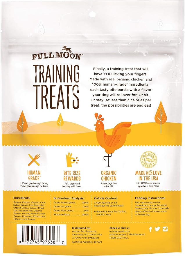 Full Moon USDA Organic Chicken Training Treats Healthy All Natural Dog Treats Human Grade 175 Treats 6 Ounce (Pack of 1) | Organic Chicken, Human Grade, No corn, No wheat, No soy, Glycerin Free, Made in the USA