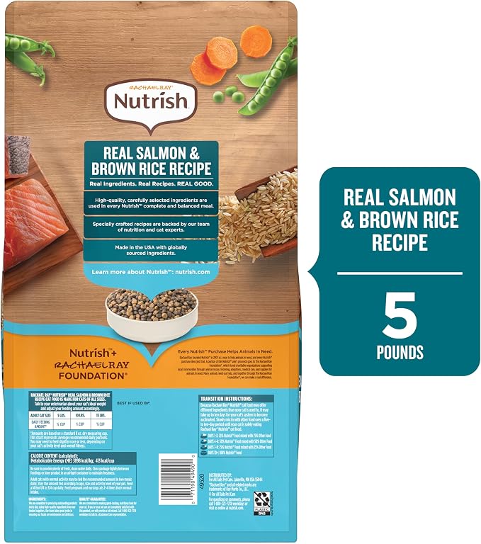 Nutrish Dry Cat Food, Salmon & Brown Rice Recipe, 5 lb. Bag (Rachael Ray) | Suitable for Cats of All Life Stages, No Artificial Flavors, Nature Food with Added Vitamins, Minerals & Nutrients