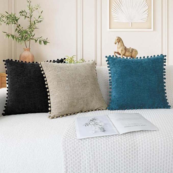CaliTime Decorative Couch Throw Pillow Covers 20 X 20 Inches Black | Pack of 2, Cozy Chenille Cushion Cases, with Pom Poms for Sofa Bed Living Room Farmhouse Home