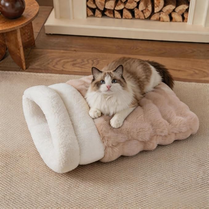 3 in 1 Semi-Enclosed Self Warming Burrow Cat Bed Sleeping Cave | Keep Warming, Machine Washable, Easy to Clean, Soft & Comfortable, Pet Beds fo Cats & Dogs, Cozy Privacy Nook