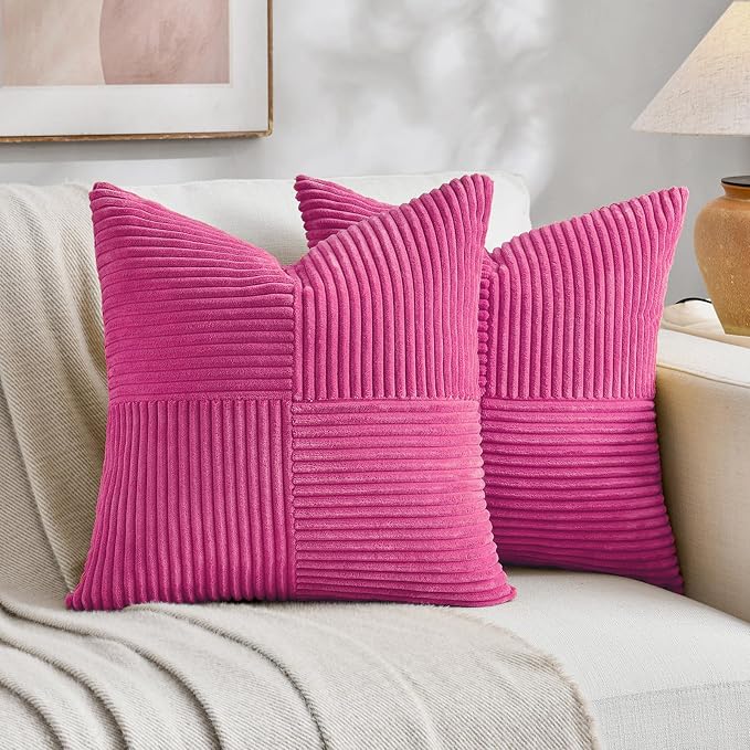 Fancy Homi 2 Packs Hot Pink Decorative Throw Pillow Covers 18x18 Inch for Living Room Couch Bed Sofa, Rustic Farmhouse Boho Home Decor, Soft Corss Corduroy Patchwork Textured Cushion Case 45x45 cm